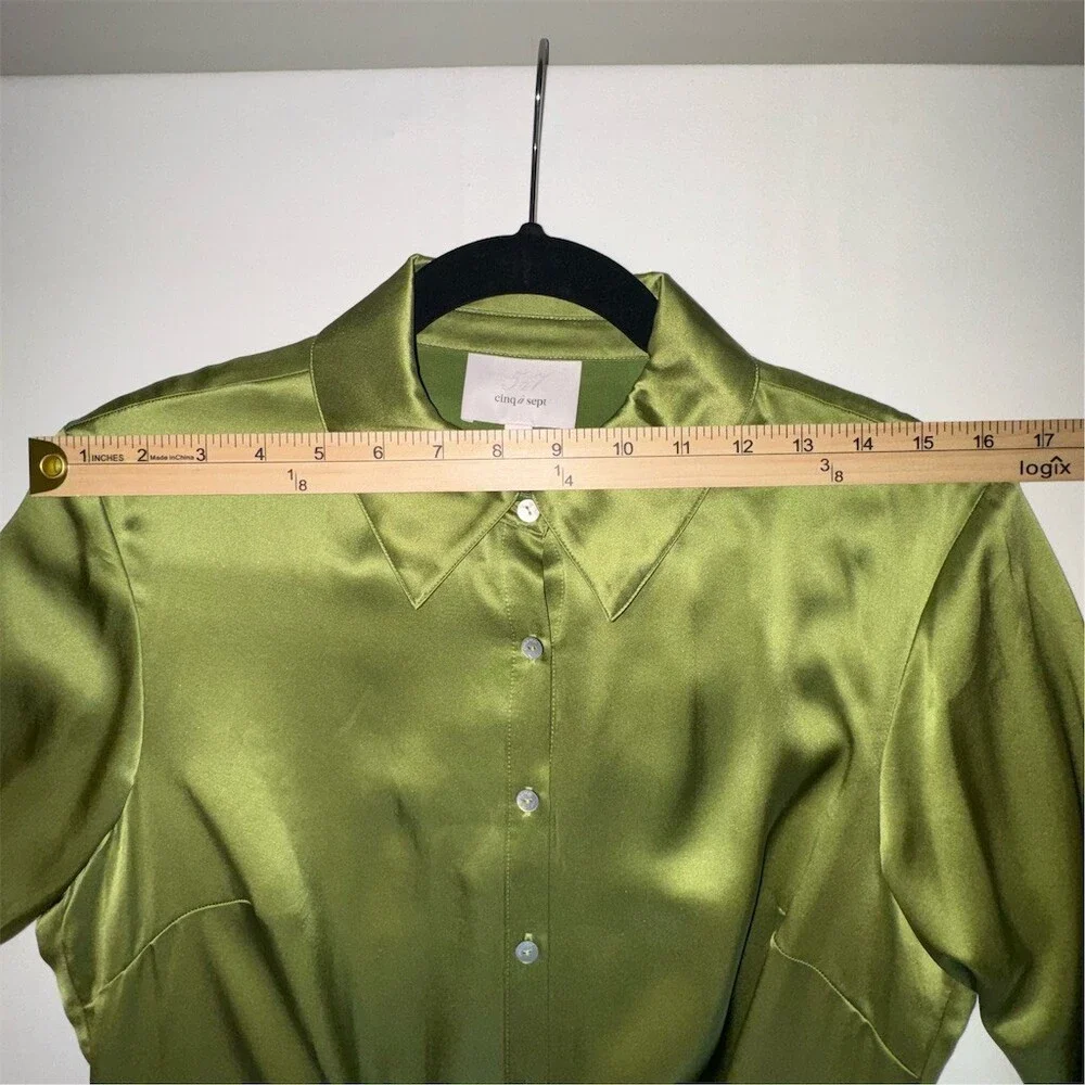 Cinq à Sept Jacey Silk Shirtdress Womens Size 6 Green Moss Tie-Waist Midi Luxe - Picture 12 of 15